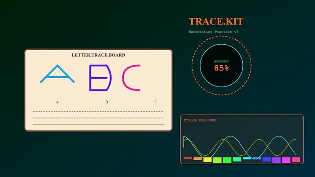 A digital screen interface demonstrating tactile teaching with glowing line segments and data charts representing letter tracing accuracy scores over a dark purple environment display