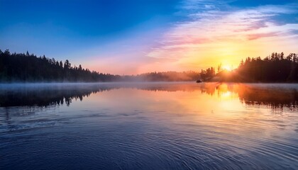 Fototapeta premium Serene Dawn Mist Over Tranquil Lake Gentle Ripples Spreading Outward From A Central Point Reflecting The Colorful Sky And Forested Shoreline
