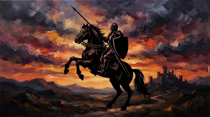 Naklejka premium Knight in Armor Riding Horse Through Fiery Battlefield at Sunset.