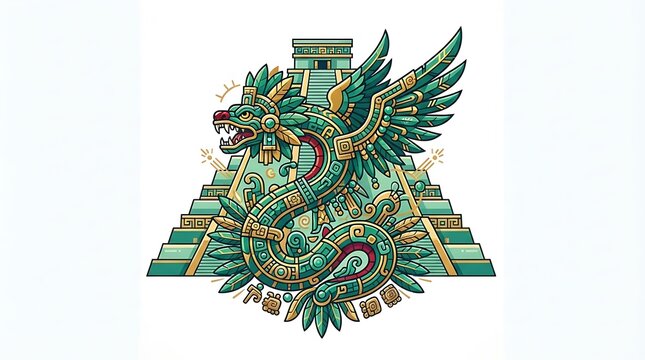 Vibrant Quetzal Bird Illustration with Traditional Mayan Pyramid Motif.