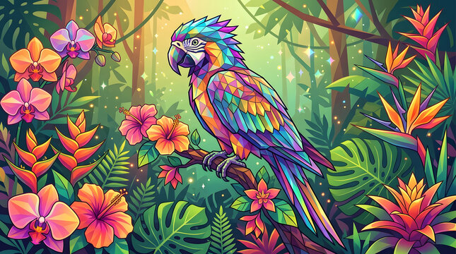 Vibrant tropical illustration of a colorful parrot perched on a branch surrounded by exotic flowers in a lush jungle