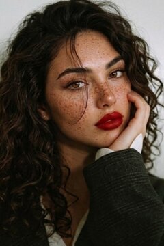 A Close-up AI generated image of a Natural Beauty with Deep Brown Curly Hair and Visible Freckles, Accentuated by Bold Red Lipstick.