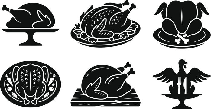 Collection of six stylized roast poultry icons with various serving platters and decorative elements