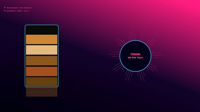 Soil sequencing data displays reveal layers of dark earth tones and glowing neon circular interfaces in a modular graphical grid pattern for scientific laboratory analysis