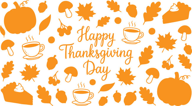 Happy Thanksgiving Day greeting with fall season elements like pumpkins and leaves
