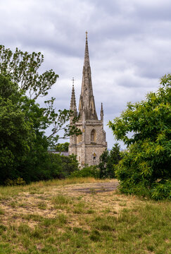 Elegant stone spire soaring above trees at Our Ladye Star of the Sea in Greenwich London near the site of the St Ursula Convent school