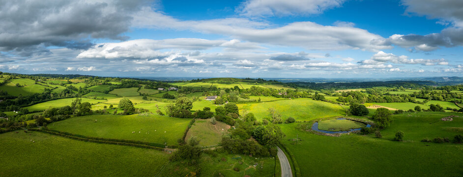 Aerial panorama view of borderlands of Wales with view towards Shropshire