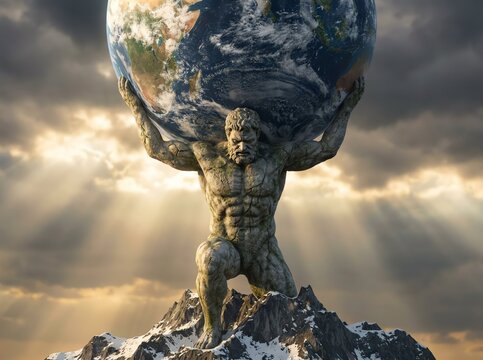 Ancient stone titan atlas statue kneeling on a sharp mountain peak while holding the heavy blue earth globe above him