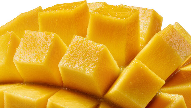 Isolated close up of fresh vibrant yellow mango cubes cut into pieces, sweet juicy fruit