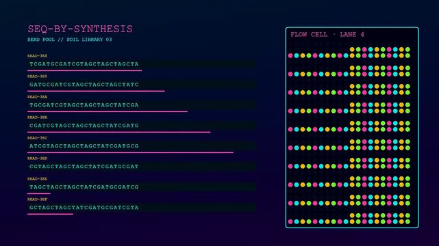 Digital displays showing soil sequencing data with genetic code strings and colorful dotted patterns presented on a dark blue interface for advanced biological research projects