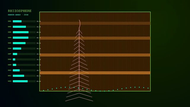 Digital displays showing soil sequencing data with bar charts and root structure visualizations as dynamic information updates on a dark green monitoring interface screen panel
