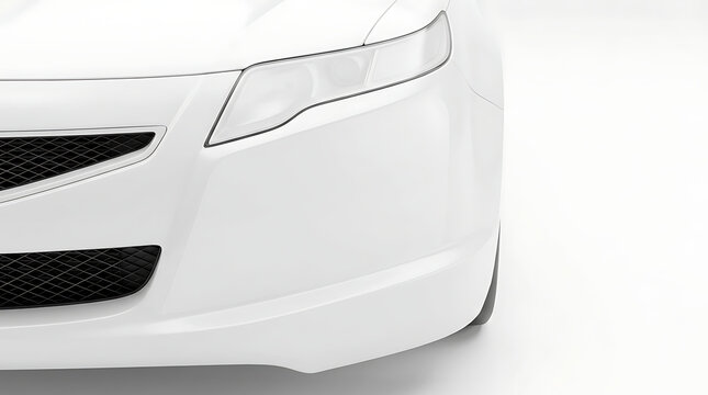 Close up of the front bumper and headlight of a sleek white modern car with a clean minimalist design against a bright white background.