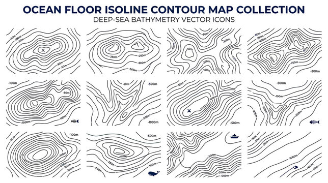 Ocean Floor Contour Map Collection Vector Icons