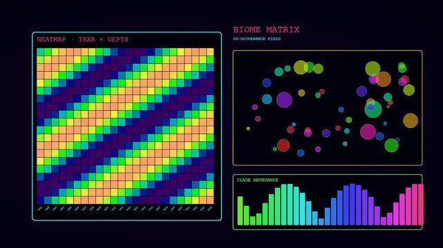 Digital displays showing soil sequencing data with evolving colorful graphs and floating bubble charts during an automated laboratory experiment presented on a dark black screen