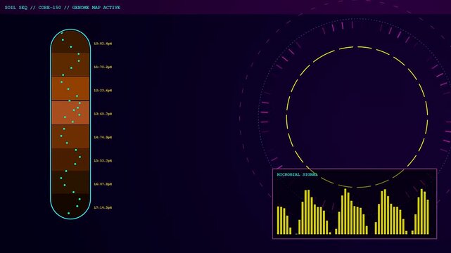 Soil sequencing data visualization appears on a digital screen displaying geological core samples represented by flickering light patterns and vertical bars for scientific research analysis purposes
