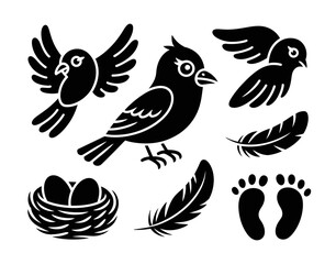 Fototapeta premium Black bird silhouettes with nest feathers and footprints on a transparent background, avian birds' feathers