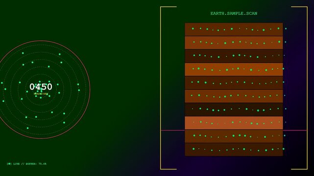 Digital soil sequencing visualizations display earth sample data scans across a graphical interface with circular radar elements and multiple horizontal plots of varying brown ground layers