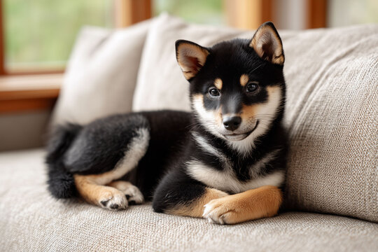 ソファの上で穏やかにくつろぐ柴犬（黒柴）の子犬のポートレート