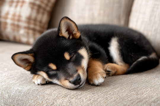自宅のソファでゆったり過ごす愛らしい柴犬（黒柴）の子犬