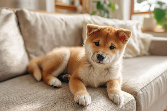 ソファでゆったりくつろぐ愛らしい柴犬の子犬