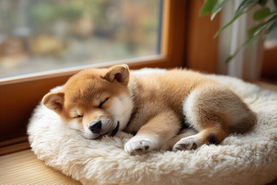 ソファの上ですやすや眠る柴犬の子犬の穏やかなひととき