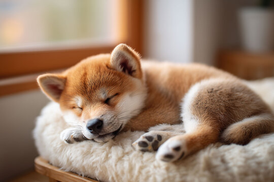 リラックスタイムにソファですやすや眠る柴犬の子犬