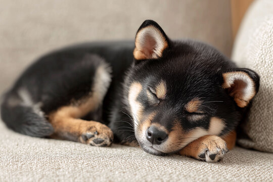 室内のソファでのんびり過ごす柴犬（黒柴）の子犬の日常風景