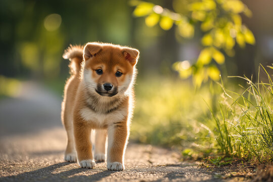 楽しく散歩する柴犬の子犬の日常風景