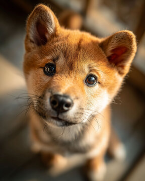 うるうるした目で飼い主を見上げる愛らしい柴犬の子犬