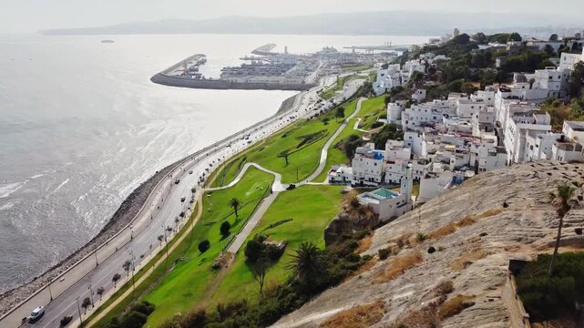 Aerial drone view of Tangier city skyline and coastline, Morocco