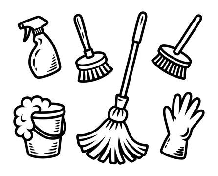 Cleaning supplies collection, including spray bottle,e brush, es buc, ket and g, love on a transparent background brush