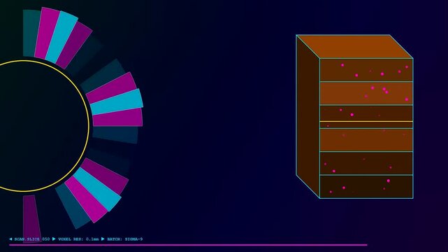 Soil sequencing displays appear on a dark interface showing layers of earth samples with digital analytical pink particles rotating around circular graphic circular motion