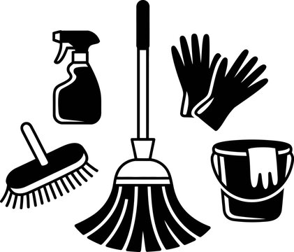Cleaning supplies collection, including spray bottle,e bro, om br,ush gl,oves and b,ucka et on transparent background