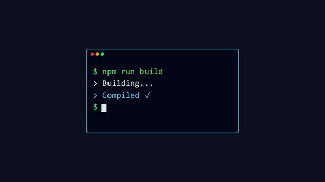 Software development process: npm run build command executing in terminal animation 4k