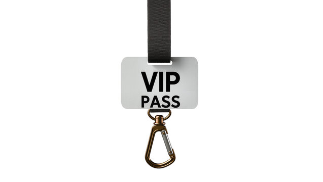 Isolated VIP Pass identity card with a black lanyard and metal clip for exclusive event access