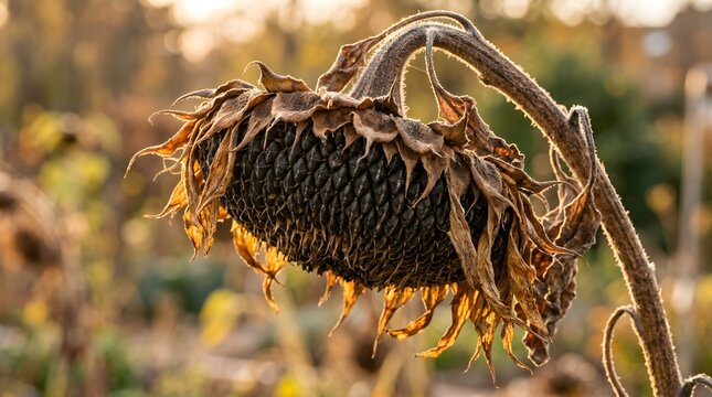 Withered Sunflower Head Featuring Mature Seeds Standing in a Golden Autumn Garden at Sunset