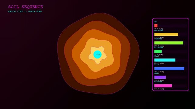 A digital soil sequencing display presents various data charts and concentric colored rings while floating against a dark ambient space to show terrain sample analysis