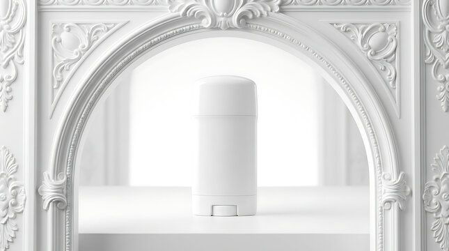 Elegant White Deodorant Stick on Ornate White Shelf in Architectural Frame Against Softly Lit Background