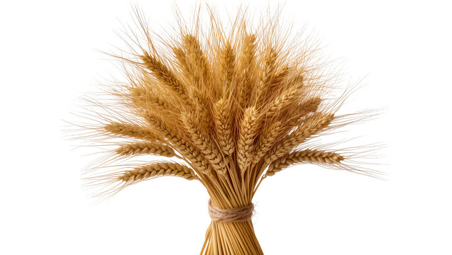 Isolated bundle of golden ripe wheat ears tied with natural twine, signifying harvest and agriculture