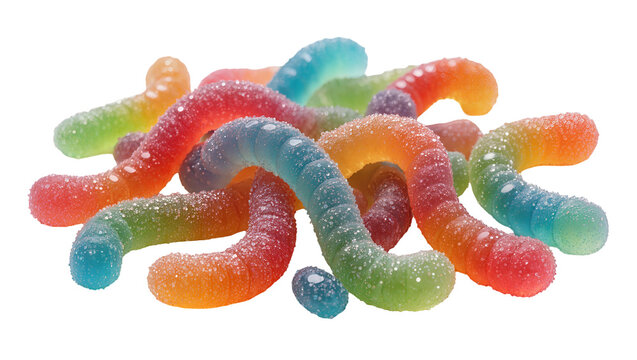Isolated vibrant colorful sugar-coated gummy worms piled up, delicious sweet candy for treats