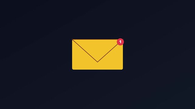 Yellow email notification animation with unread message alert on dark 4k background