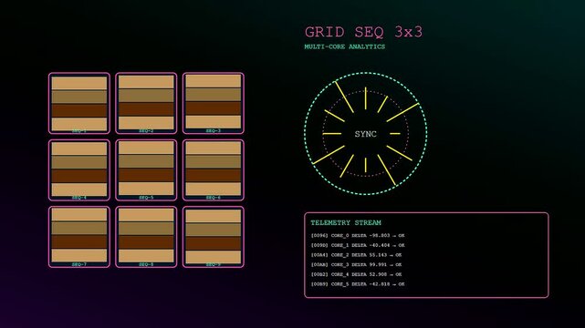 Soil sequencing data represented as a graphical interface showing multiple grid panels of earth layers with changing telemetry values on a dark digital display monitor