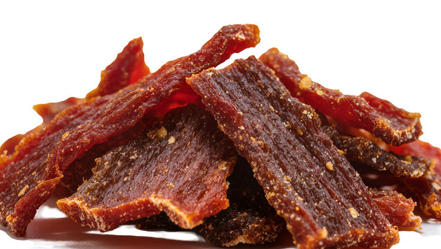 Isolated pile of delicious spicy beef jerky strips, savory high-protein dried meat snack