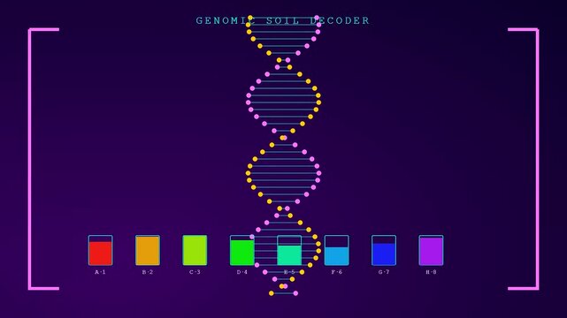Soil sequencing visual interface showing a rotating double helix structure with colorful liquid bar indicators rising in a sequence across a dark purple digital display screen