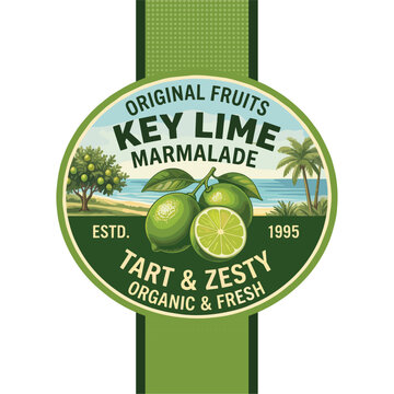 Professional Circular Organic Key Lime Marmalade Jar Label Design Featuring Fresh Citrus Fruit Illustration and Tropical Coastal Scenery