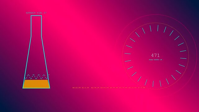 Soil sequencing data analysis showing laboratory vials with liquid samples and digital circular graphs measuring depth levels displayed on a vibrant magenta and deep blue screen