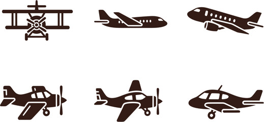 Collection of aircraft and airplane silhouettes including commercial jets, private planes, and vintage propeller aircraft icons © Mewtwo