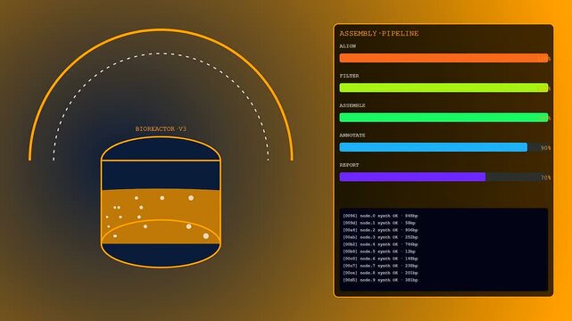 Soil sequencing progress bars are shown on a dark interface as biological data builds inside a circular vessel during scientific research and laboratory analysis