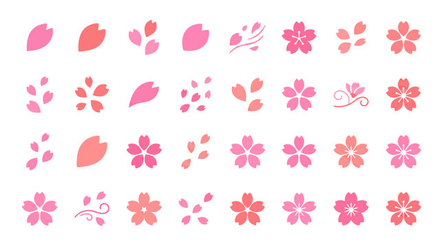 Pink Cherry Blossom Petals and Flowers Icons Set