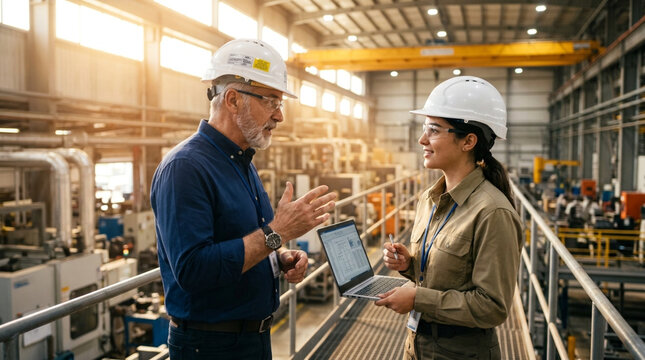 Senior male engineer in white hard hat and safety glasses discussing industrial project with young female colleague holding laptop on factory mezzanine walkway during production.